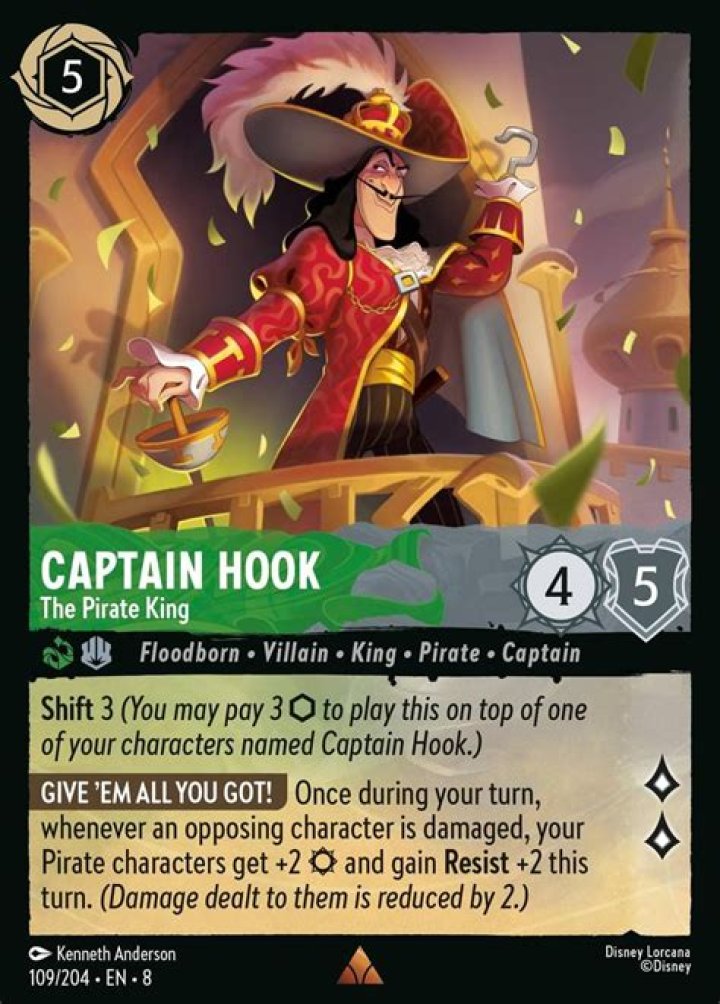 A Captain Hook card in Disney Lorcana. The number 1 is in the top left corner. Next to Captain Hook&rsquo;s name, there is a 1 on a circular background and a 2 on a shield-shaped background. A gray banner under Captain Hook&rsquo;s name says &ldquo;Dreamborn - Villain - Pirate - Captain.&rdquo; The main card text reads: &ldquo;Challenger +2 (When challenging, this character gets +2).&rdquo; There is a symbol indicating +2 of a particular power or ability. There is one diamond shape in the bottom right of the card.