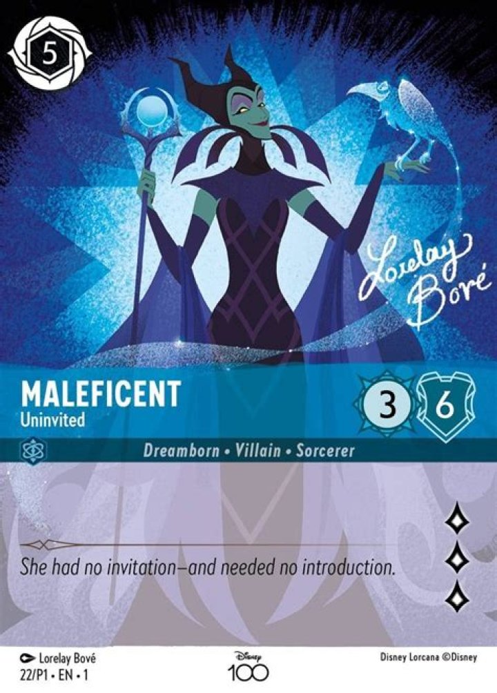 A Maleficent card from Disney Lorcana. The number 9 is in the top left corner. Next to Maleficent&rsquo;s name, there is a 7 on a circular background and a 5 on a shield-shaped background. A red banner under Maleficent&rsquo;s name says &ldquo;Storyborn - Villain - Dragon.&rdquo; The main card text reads: &ldquo;Dragon Fire - When you play this character, you may banish chosen opposing character.&rdquo; There are two diamond shapes in the bottom right of the card.