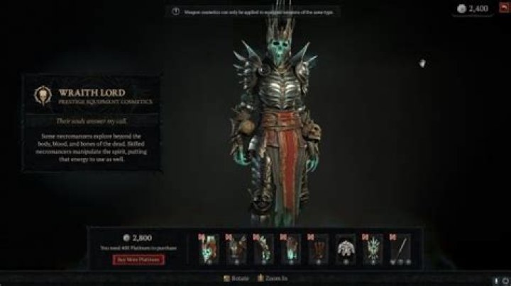 A spooky-looking Wraith Lord armor set for Diablo 4 Necromancer, with a skull face 