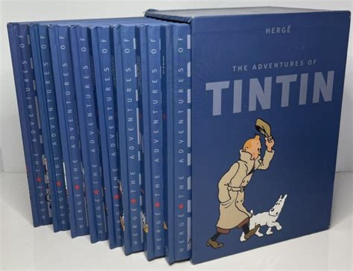 A Tintin box set with several books like The Black Island and The Blue Lotus sitting face up