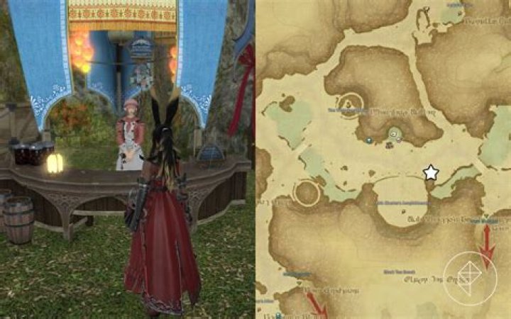 A Viera in red stands in front of a Miqo&rsquo;te in an egg costume standing on a wooden stage adorned with glowing egg decorations in Final Fantasy 14. The right half of the image shows a map of Old Gridania with a white star noting where to find the NPC.