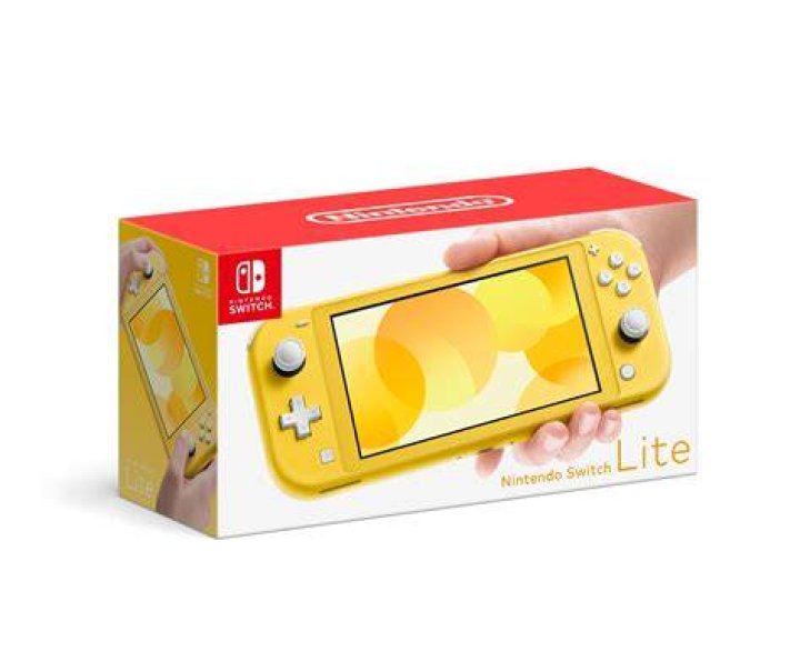 a yellow Nintendo Switch Lite with the Mario Kart 8 Deluxe homescreen on it