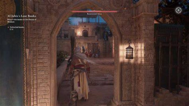 Basim approaches a guard in the Scholar&rsquo;s Estate in AC Mirage while looking for Gear Chests.