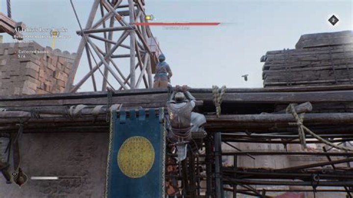 Basim climbs a ladder and moves toward assassinating a guard in AC Mirage while looking for Gear Chest locations.