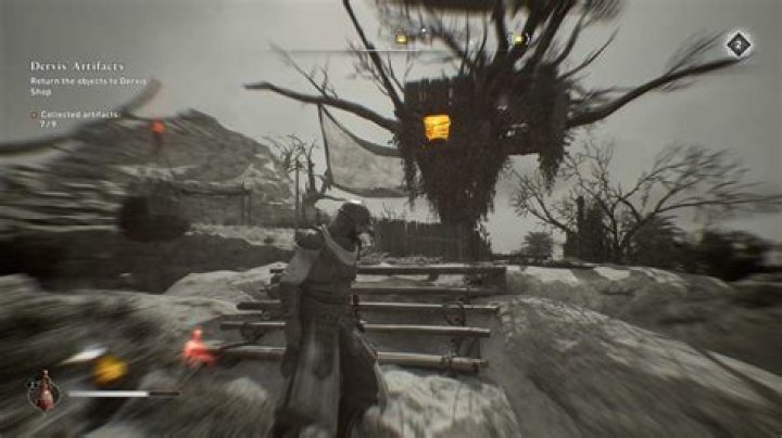 Basim looking at a treehouse in black and white in Assassin&rsquo;s Creed Mirage.