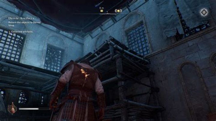 Basim looking up a wooden structure in Assassin&rsquo;s Creed Mirage.