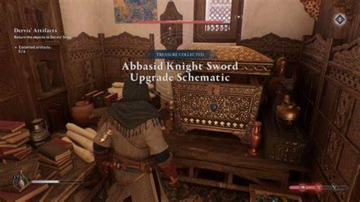 Basim opens a gear chest on a boat in AC Mirage.