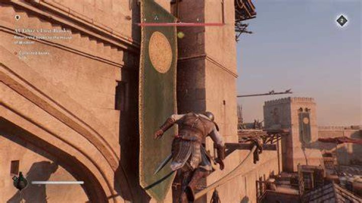 Basim walks along a rope while grabbing a Gear Chest from the Great Garrison in AC Mirage.