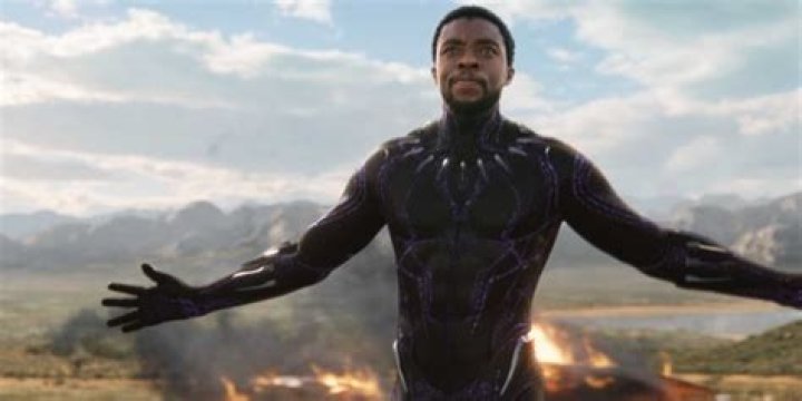 Chadwick Boseman holds out his arms in the Black Panther suit in Black Panther.