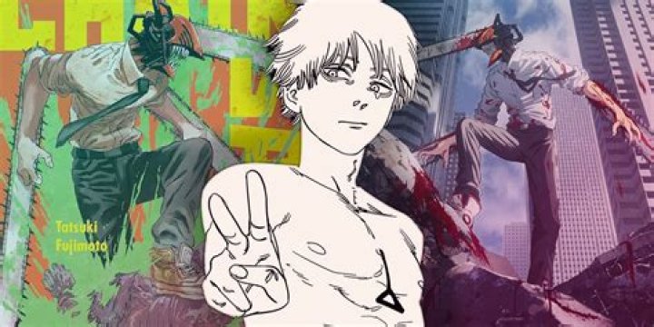 Denji, a man with a chainsaw for a head with other chainsaws attached to his arms, rips through dozens of zombies, spraying blood everywhere in Chainsaw Man volume 1.