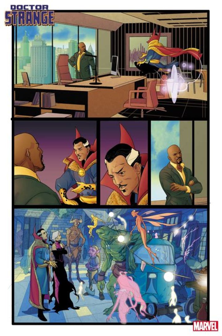 Doctor Strange talks with Luke Cage, mayor of New York City, in his office; then Clea and Strange are seen talking with half a dozen strange magical creatures on the street in Doctor Strange #1 (2023).