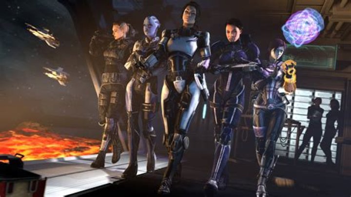 Four characters from Mass Effect: Legendary standing in a row.