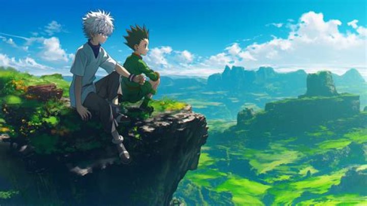 gon and killua looking determined, with neferpitou looming behind them 