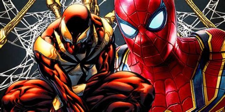 Iron Spider walking with his coffee through the spinning multiverse in Spider-Man: Across the Spiderverse