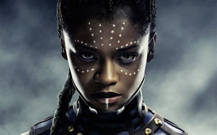 Letitia Wright as Shuri, in mourning clothes in Black Panther: Wakanda Forever.