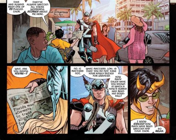 Loki tells Thor that Florida has always been one of his places, saying &ldquo;They&rsquo;ve always written such wonderful stories about me here,&rdquo; as he hands him a newspaper with a headline that reads &ldquo;Florida man attempts to trade alligator for...&rdquo; in Loki #1 (2023).