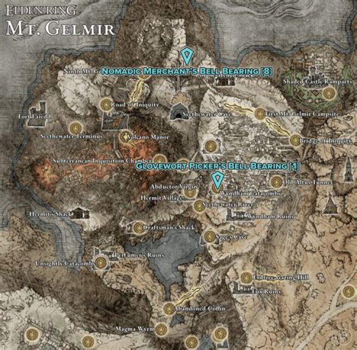 Map showing Elden Ring Mt. Gelmir Golden Seed locations