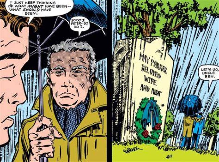 Peter and Ben Parker visit the grave of May Parker in What If...? #46, Marvel Comics (1984). 