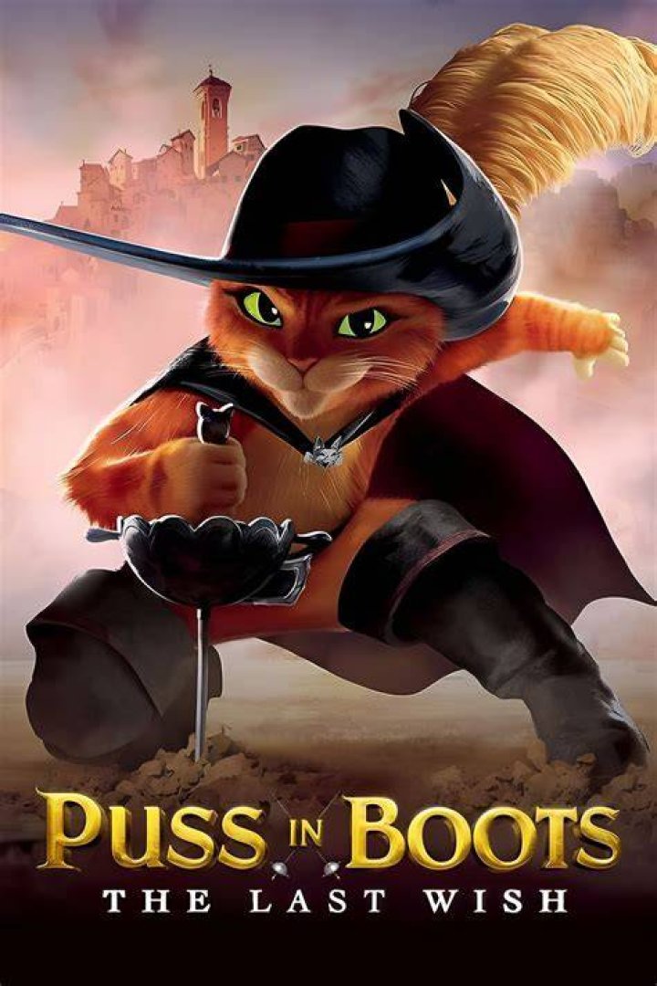 Puss in Boots, an animated orange tabby in boots and a swashbuckler hat, charges at the camera in a blur of motion lines against a stylized blue-and-purple background in the trailer for Puss in Boots: The Last Wish