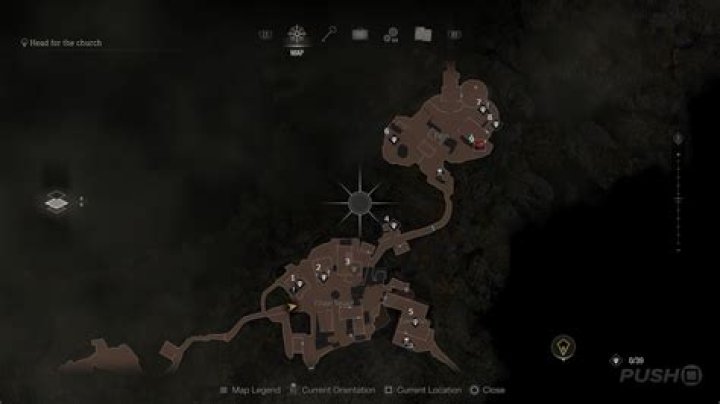 Resident Evil 4&nbsp;remake&nbsp;Village Square map with a path and items through the Town Hall
