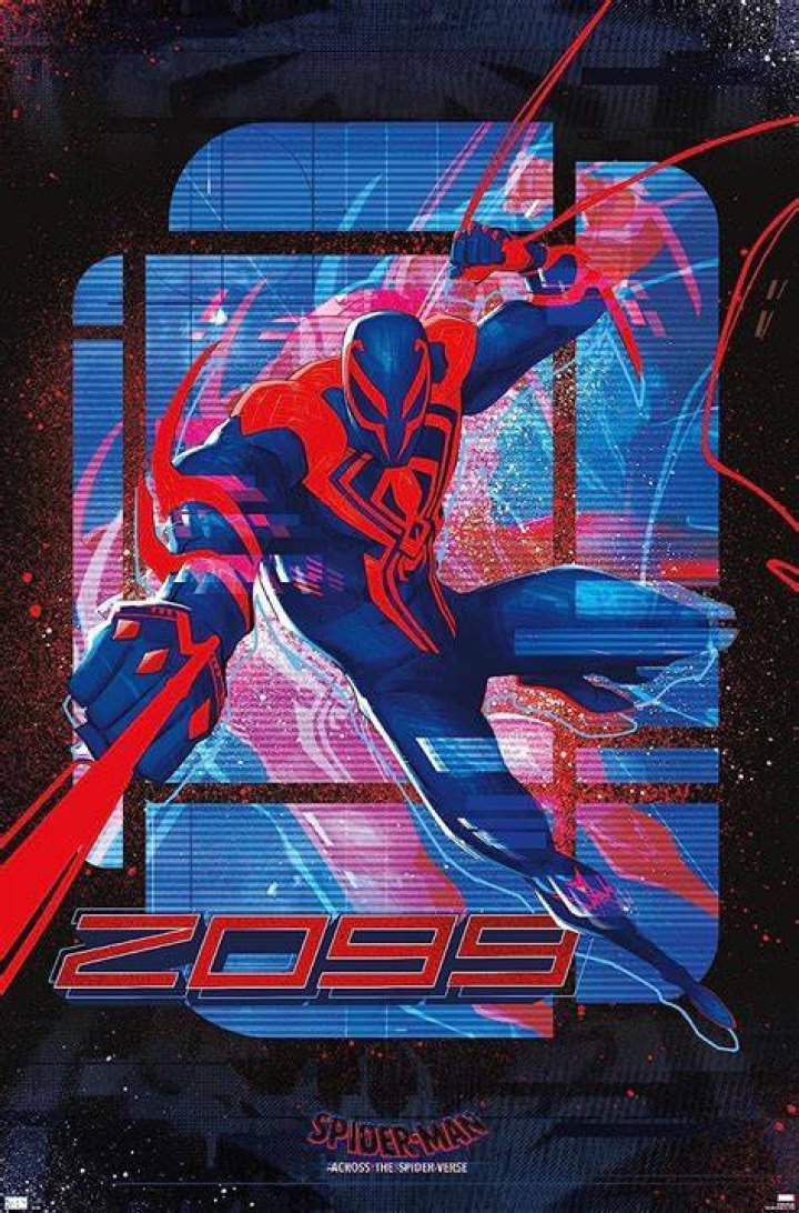 Spider-Man 2099, a version of Spider-Man with a luchador-like mask and long blades on his arms, presses Miles Morales into the side of a building so hard that it leaves a divot in Spider-Man: Across the Spider-Verse