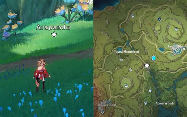 Starting quest location for Varuna Gatha on the left side with the location on the map on the right. Grassy location with girl with a bowtie on her back.