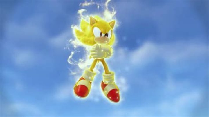 Super Sonic floats in the air, sparkling, facing a giant black metallic Titan creature standing in a lake in a screenshot from Sonic Frontiers