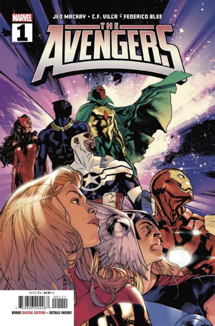 The Avengers pose dramatically, looking into the distance on the cover of Avengers #1 (2023). Pictured are (LtR and top to bottom) Scarlet Witch, Black Panther, Vision, Captain America, Captain Marvel, Thor, and Iron Man.