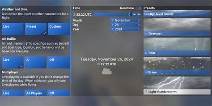 The flight conditions options mid-flight in Microsoft Flight Simulator