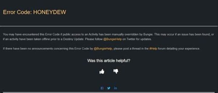 The Honeydew error code section on Bungie's website (Image via Bungie)