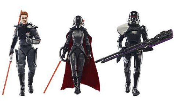 The Second Sister, dressed all in black, holds a red lightsaber blade. She&rsquo;s flanked by two specialist stormtroopers.