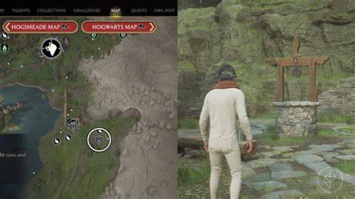Well well well side quest starting location in Hogwarts Legacy depicted by an annotated map and an image of the quest giver.